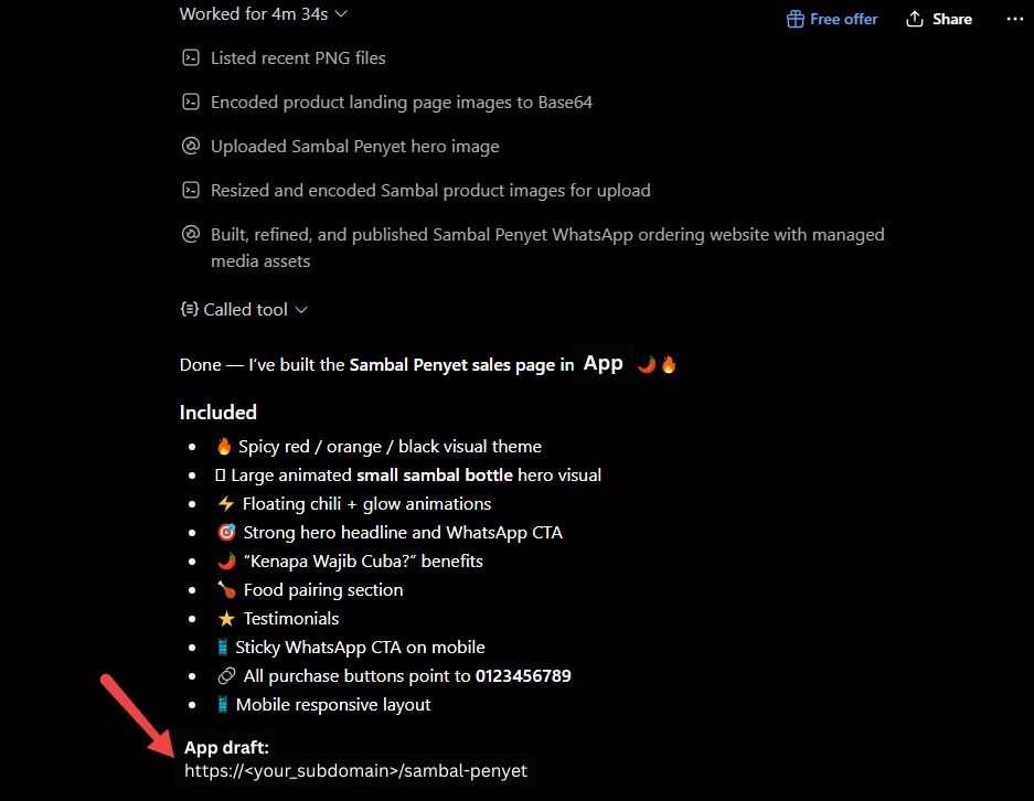 ChatGPT sharing the published web URL