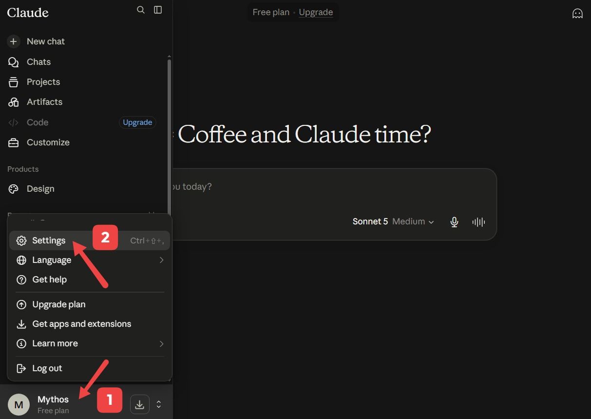 Claude profile and Settings menu